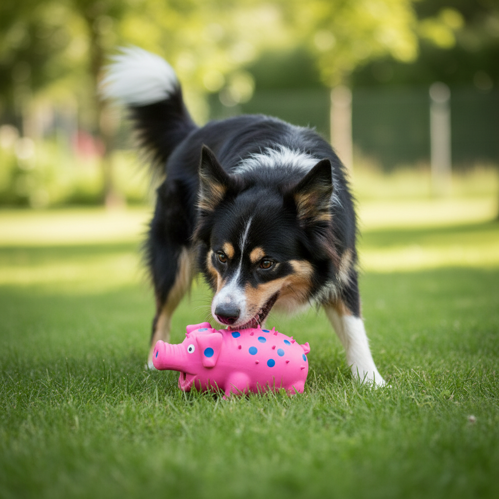 Border Collie playing with spiky pig toy